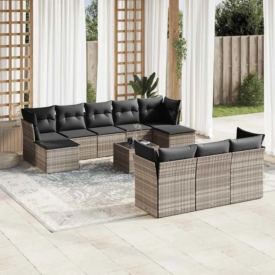 Salon de jardin 11 pcs avec coussins gris clair résine tressée
