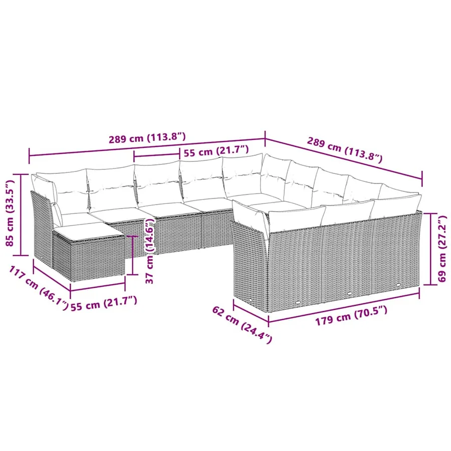 Salon de jardin avec coussins 12 pcs gris clair résine tressée - 3