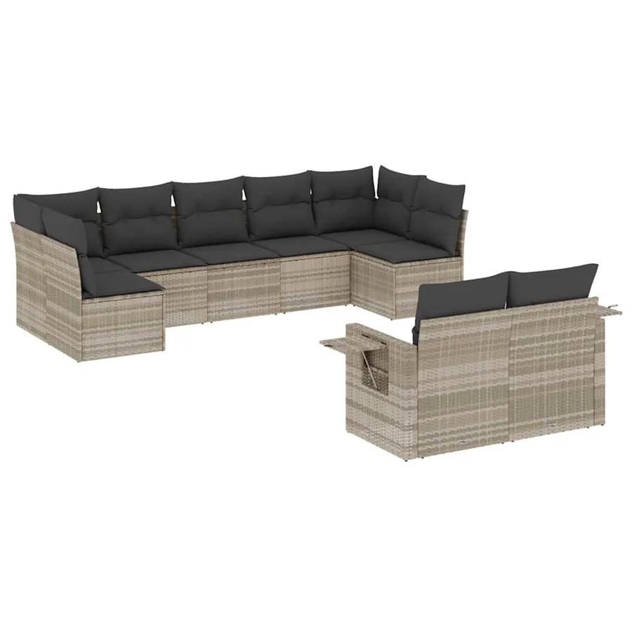 Salon de jardin 9 pcs avec coussins gris clair résine tressée - 2