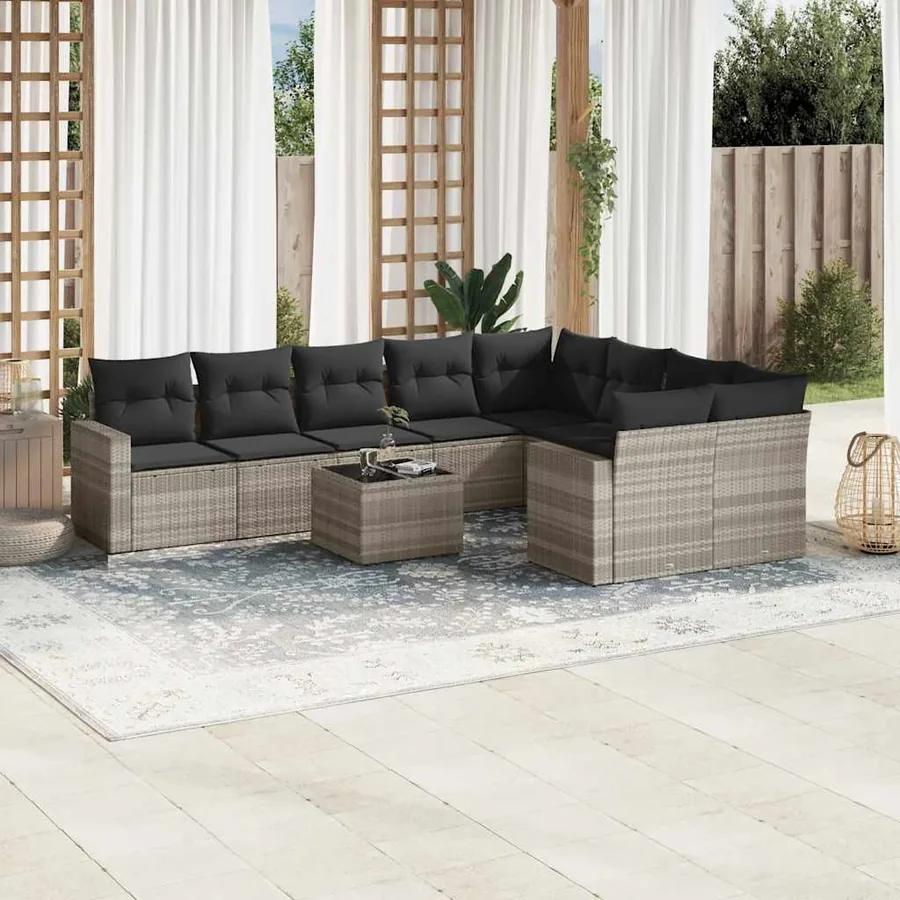 Salon de jardin avec coussins 10 pcs gris clair résine tressée