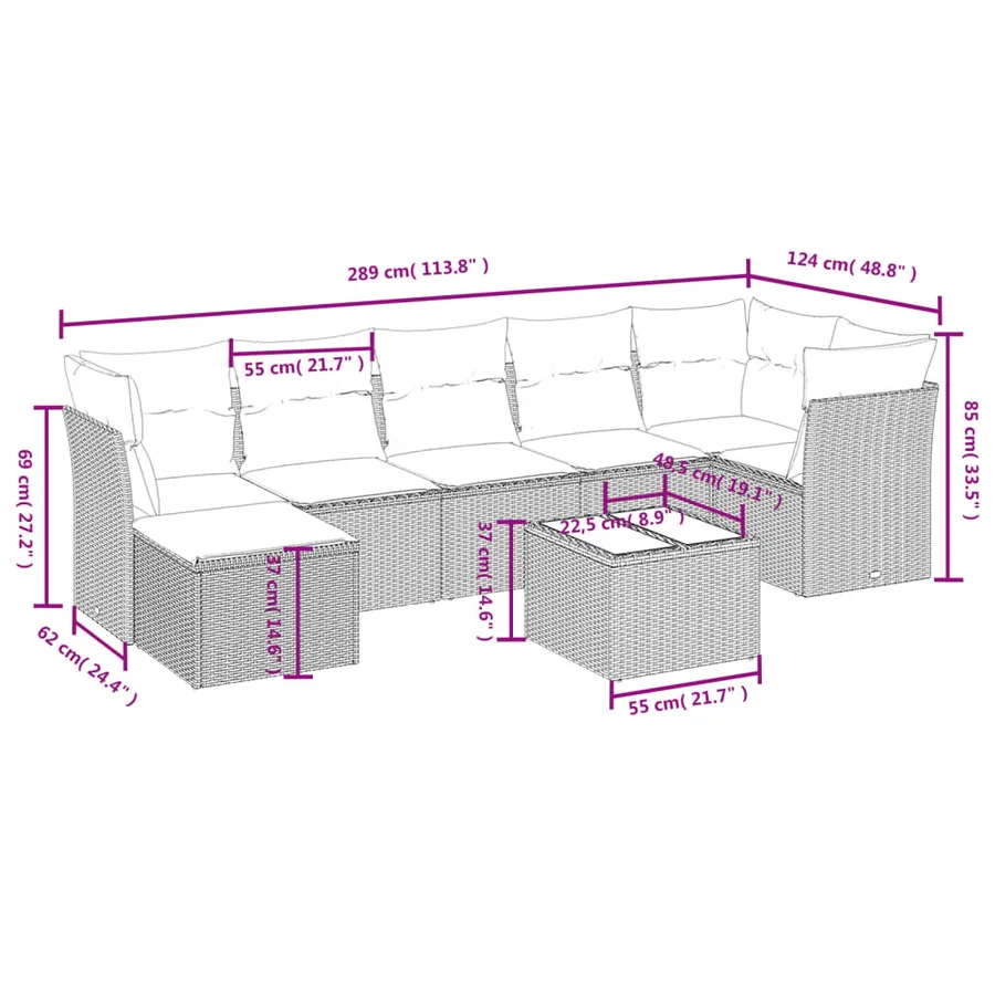 Salon de jardin 8 pcs avec coussins gris clair résine tressée - 4