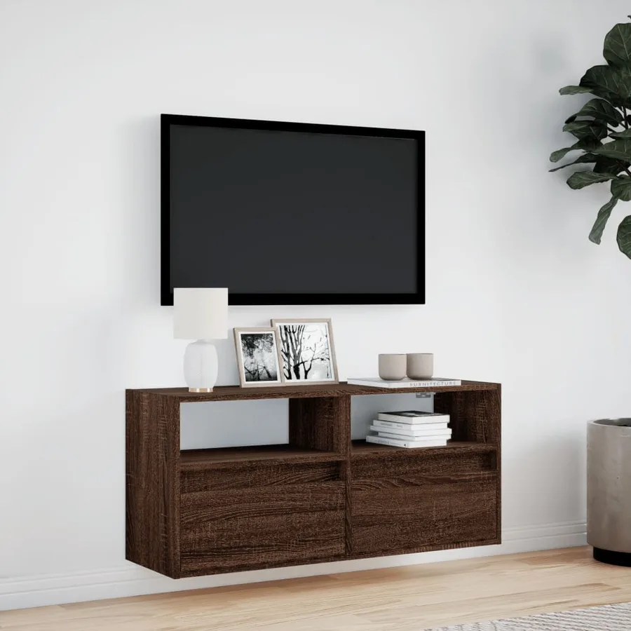 Meuble TV mural avec lumières LED chêne marron 100x31x45 cm - 4