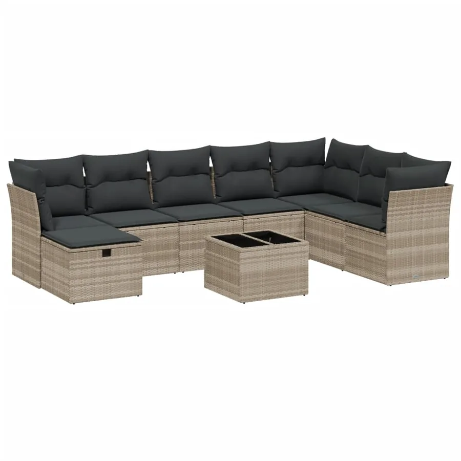 Salon de jardin 9 pcs avec coussins gris clair résine tressée - 2