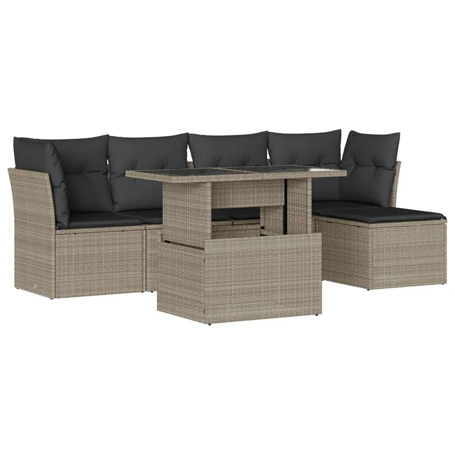 Salon de jardin 6 pcs avec coussins gris clair résine tressée - 2