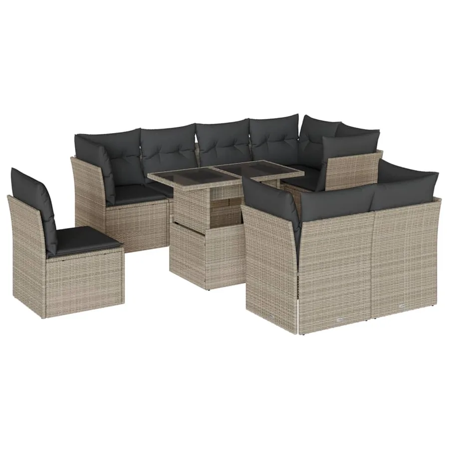 Salon de jardin 9 pcs avec coussins gris clair résine tressée - 2