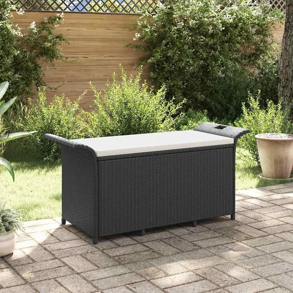 Banc de jardin avec coussin noir 116x46x57 cm résine tressée