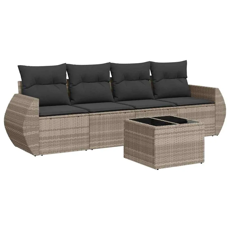 Salon de jardin 5 pcs avec coussins gris clair résine tressée - 2