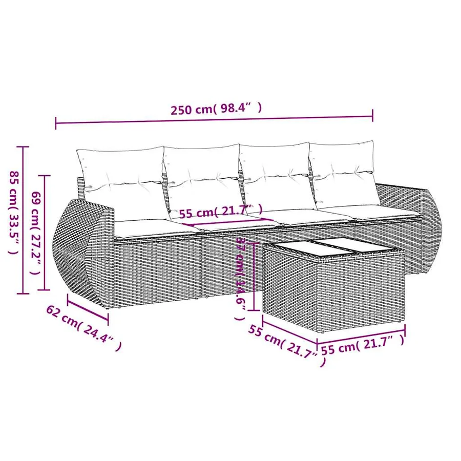 Salon de jardin 5 pcs avec coussins gris clair résine tressée - 3