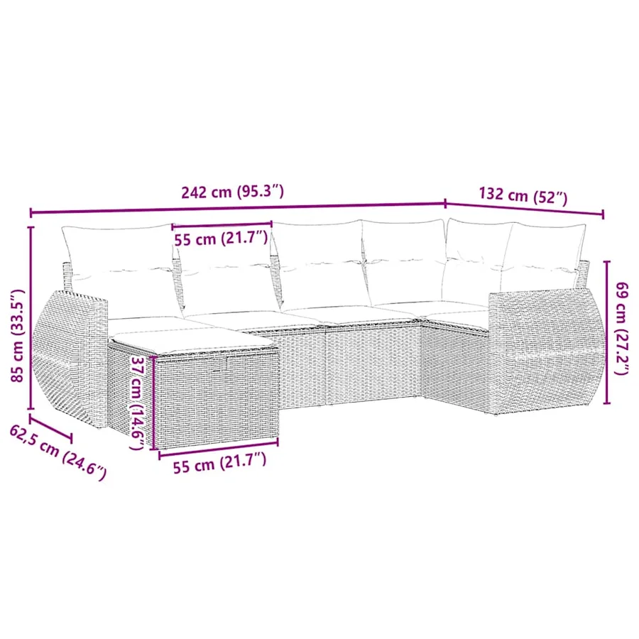 Salon de jardin 6 pcs avec coussins gris clair résine tressée - 4