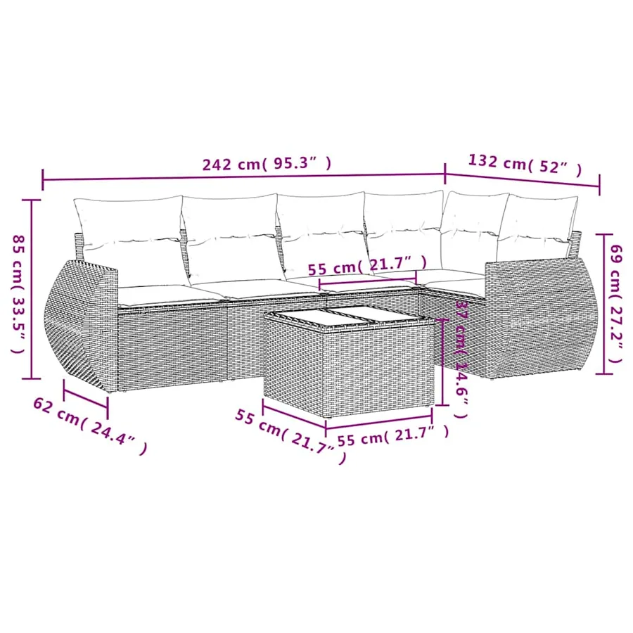 Salon de jardin 6 pcs avec coussins gris clair résine tressée - 8
