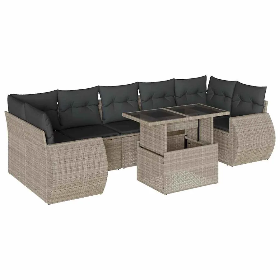 Salon de jardin 8 pcs avec coussins gris clair résine tressée - 2