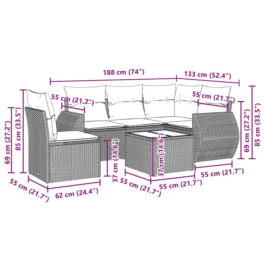 Salon de jardin 6 pcs avec coussins gris clair résine tressée - 8