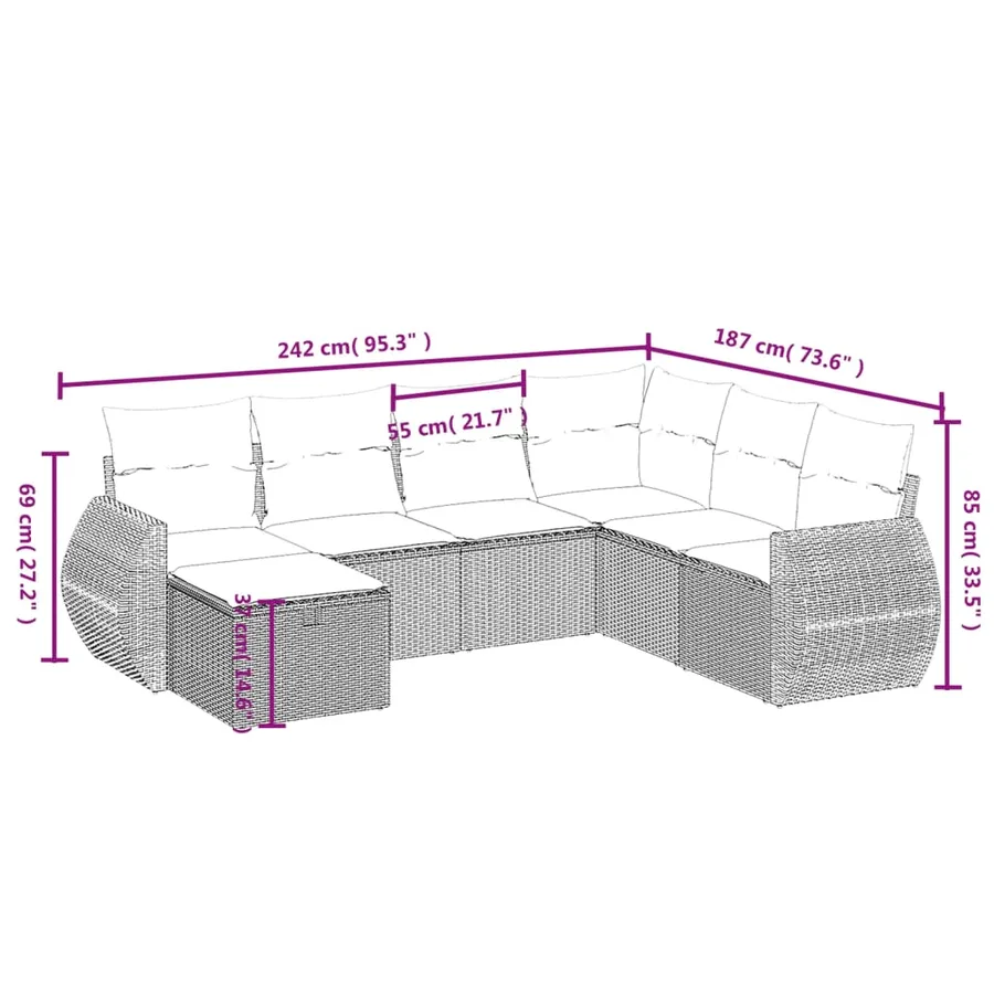 Salon de jardin avec coussins 7 pcs gris clair résine tressée - 4