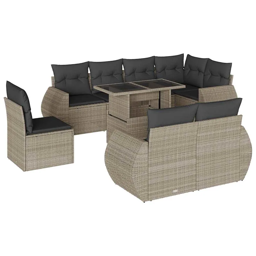 Salon de jardin 9 pcs avec coussins gris clair résine tressée - 2
