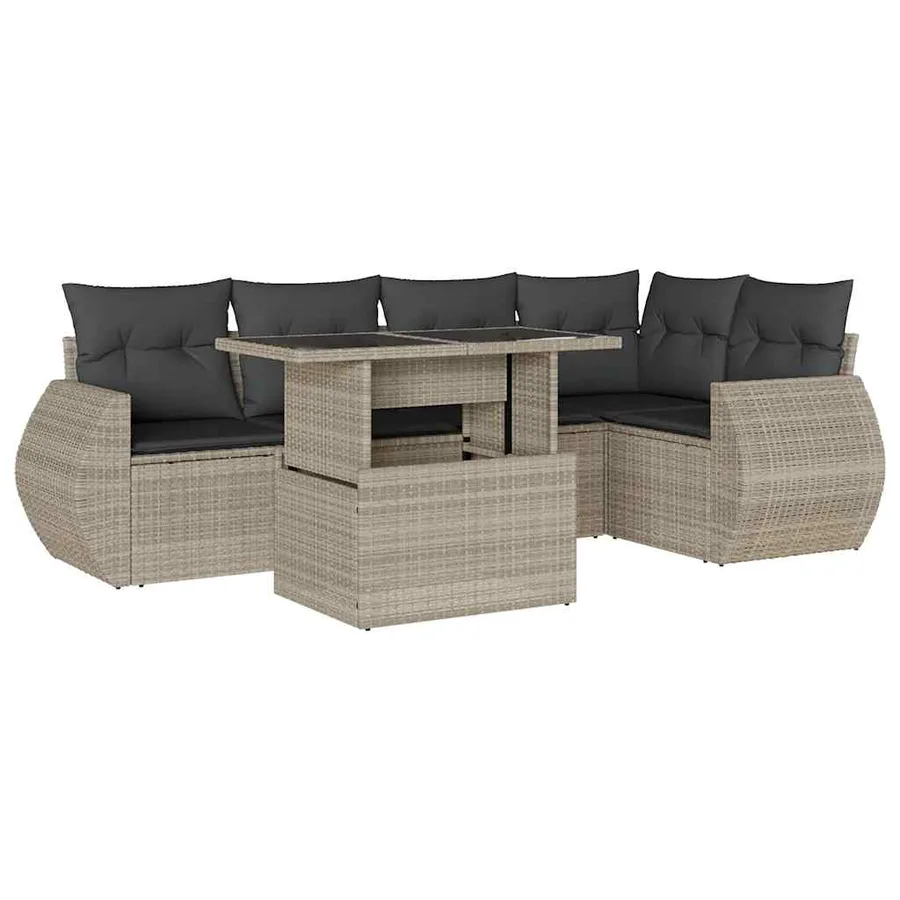 Salon de jardin 6 pcs avec coussins gris clair résine tressée - 2