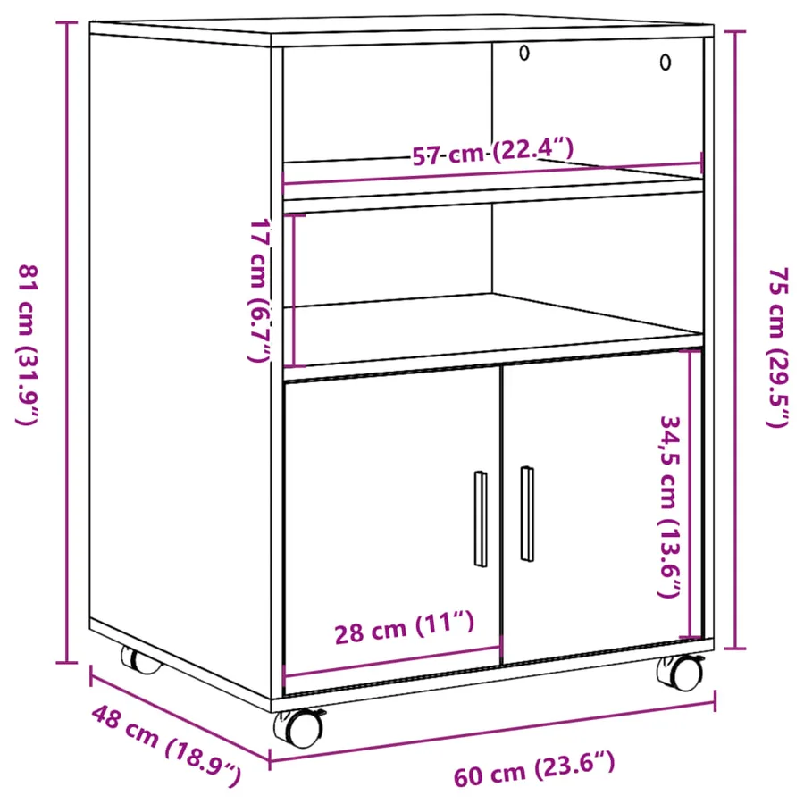 Armoire à roulettes chêne marron 60x48x81 cm bois d'ingénierie - 10