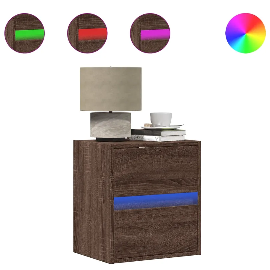 Table de chevet murale avec lumières LED chêne marron - 2