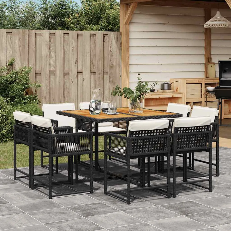 Ensemble à manger de jardin 9pcs coussins noir résine tressée