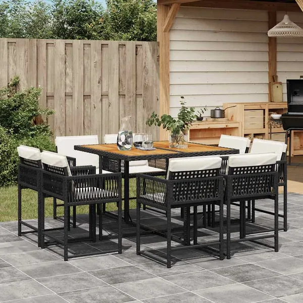Ensemble à manger de jardin 9pcs coussins noir résine tressée