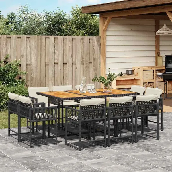 Ensemble à manger de jardin 11 pcs coussins noir résine tressée