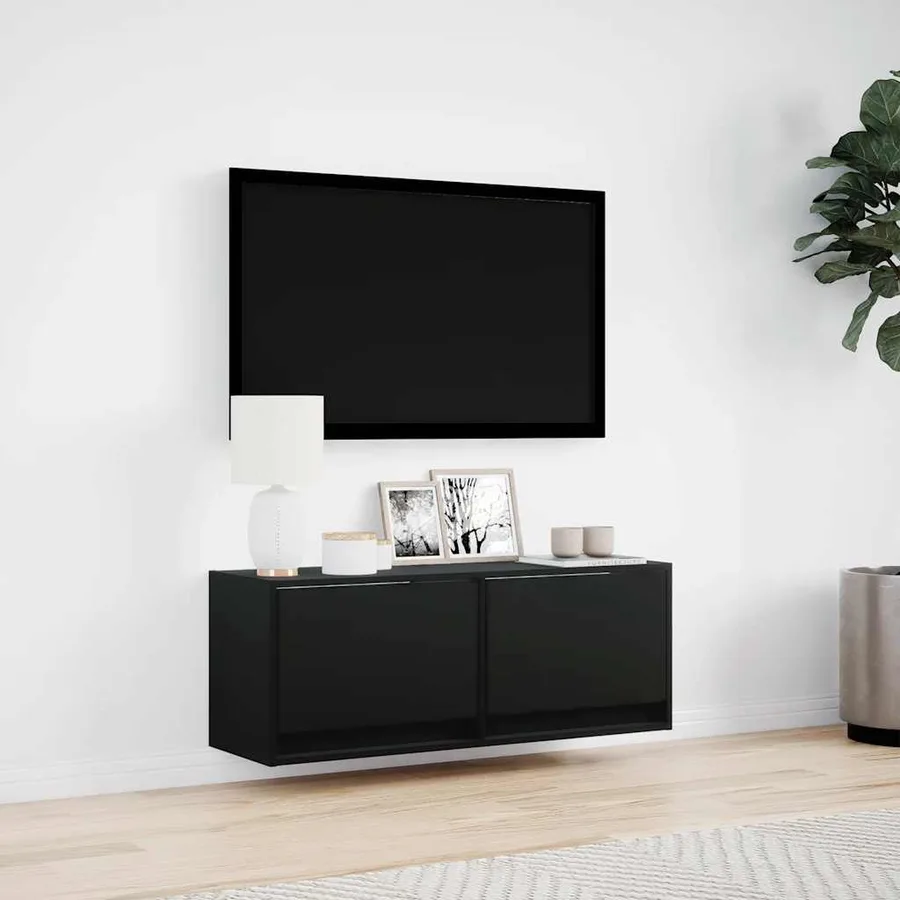 Meuble TV mural avec lumières LED noir 100x31x35 cm - 4
