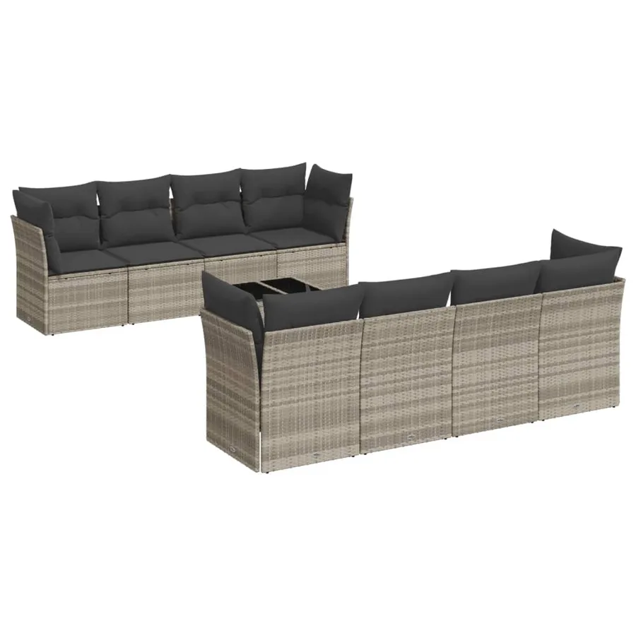 Salon de jardin 9 pcs avec coussins gris clair résine tressée - 2