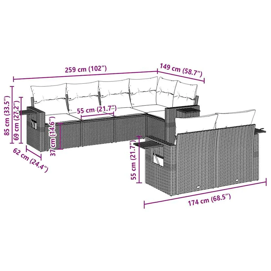 Salon de jardin avec coussins 7 pcs gris clair résine tressée - 3