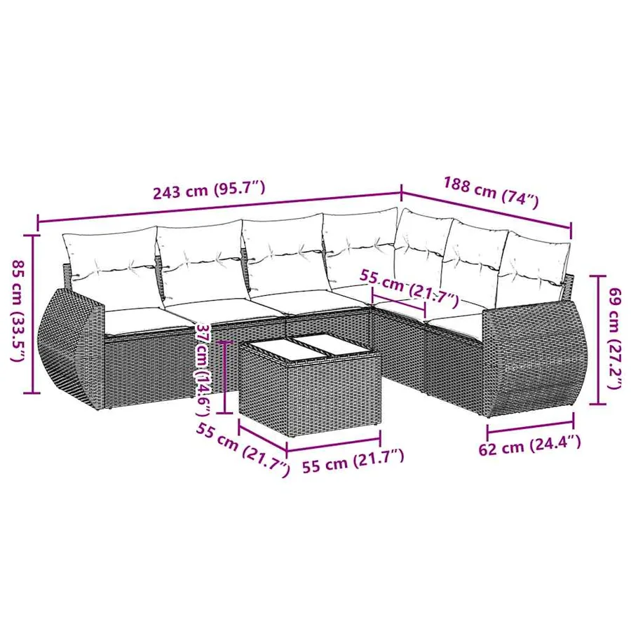 Salon de jardin avec coussins 7 pcs gris clair résine tressée - 3
