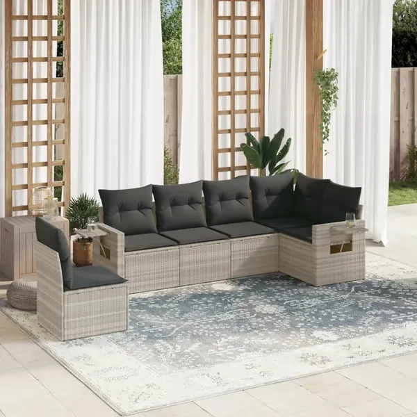 Salon de jardin 6 pcs avec coussins gris clair résine tressée