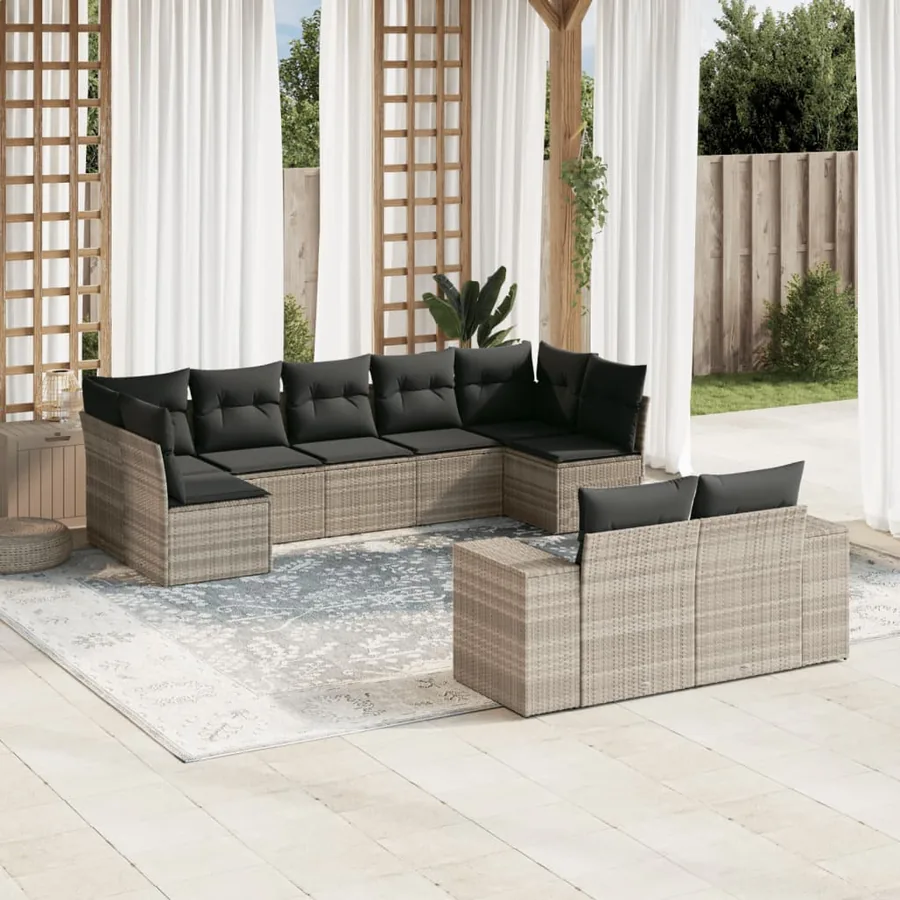 Salon de jardin 9 pcs avec coussins gris clair résine tressée
