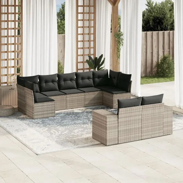 Salon de jardin 9 pcs avec coussins gris clair résine tressée