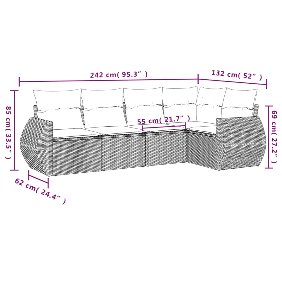 Salon de jardin 5 pcs avec coussins gris clair résine tressée - 3
