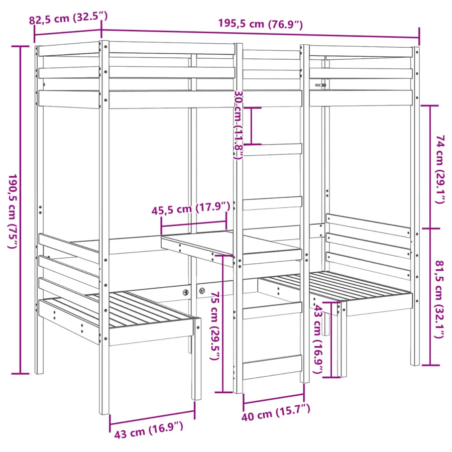Lit mezzanine avec bureau et chaises brun cire 75x190 cm pin - 10