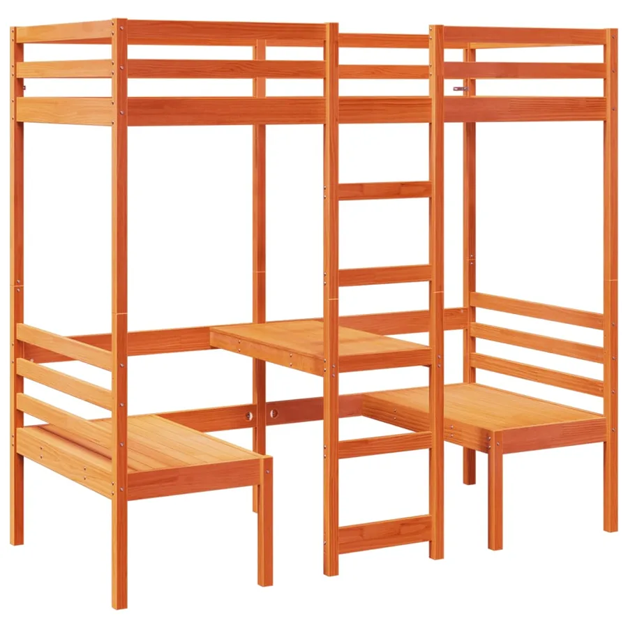 Lit mezzanine avec bureau et chaises brun cire 75x190 cm pin - 2
