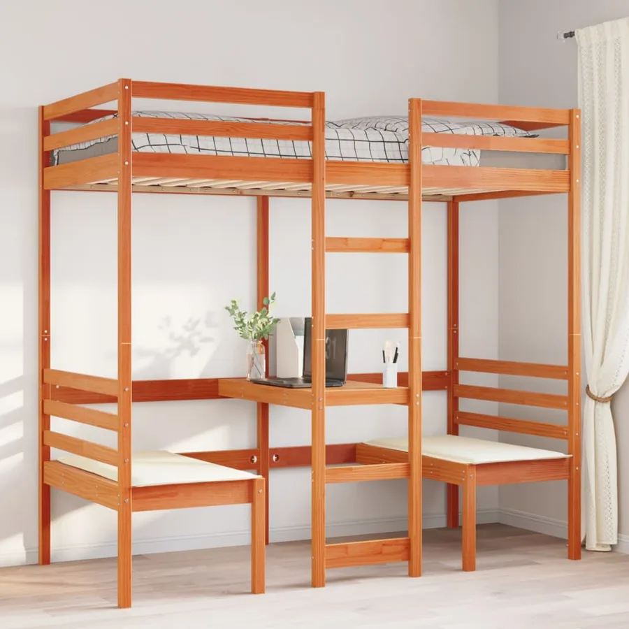 Lit mezzanine avec bureau et chaises brun cire 75x190 cm pin - 3