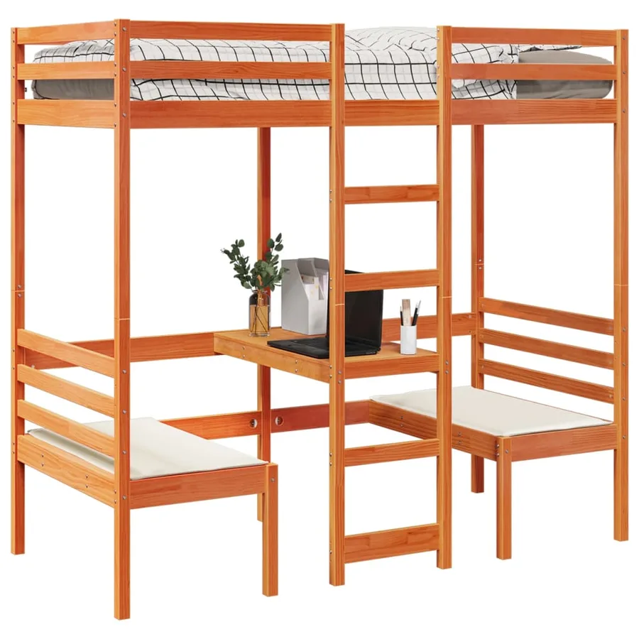 Lit mezzanine avec bureau et chaises brun cire 75x190 cm pin - 4