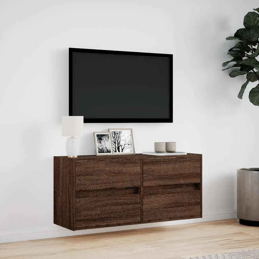 Meuble TV mural avec lumières LED chêne marron 100x31x45 cm - 4