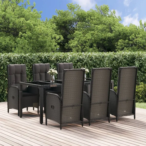 Ensemble à manger jardin et coussins 7 pcs Noir et gris Rotin