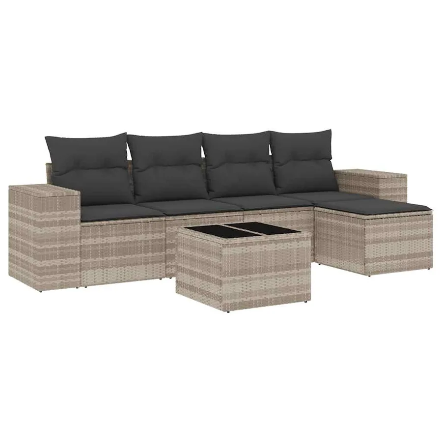 Salon de jardin 6 pcs avec coussins gris clair résine tressée - 2