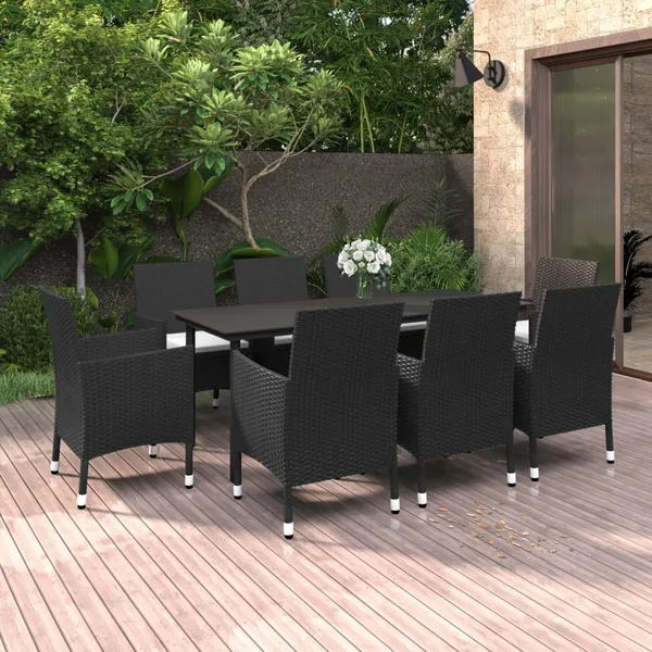 Garden Dining Set Cushions 9 pcs Poly Rattan Glass