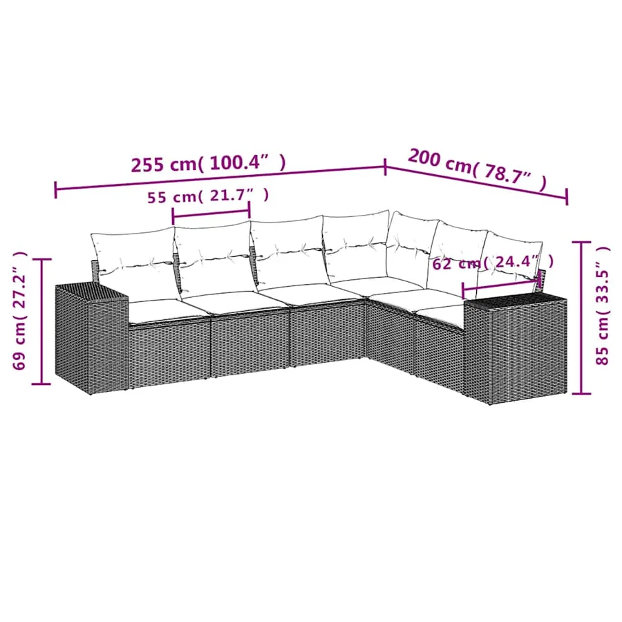 Salon de jardin 6 pcs avec coussins gris clair résine tressée - 7