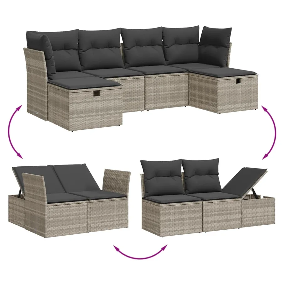 Salon de jardin 6 pcs avec coussins gris clair résine tressée - 3