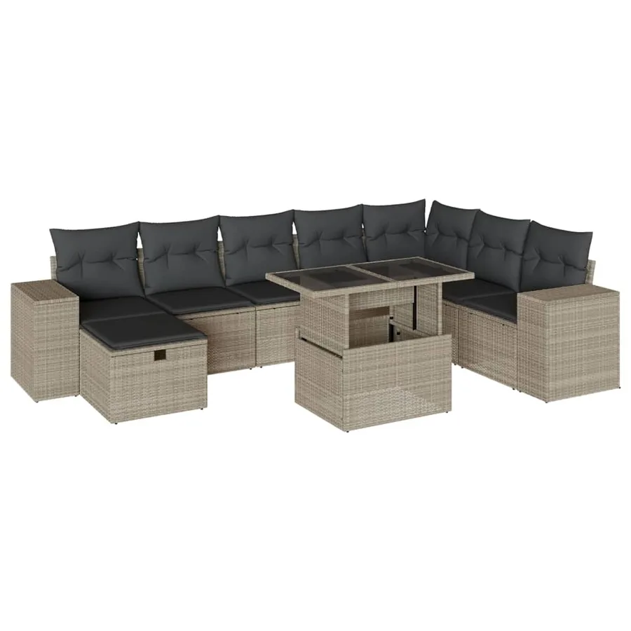 Salon de jardin 9 pcs avec coussins gris clair résine tressée - 2