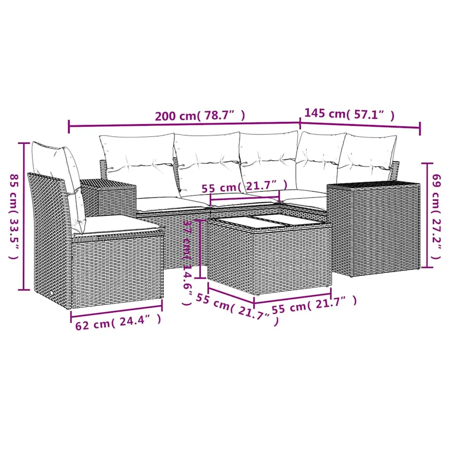 Salon de jardin 6 pcs avec coussins gris clair résine tressée - 8