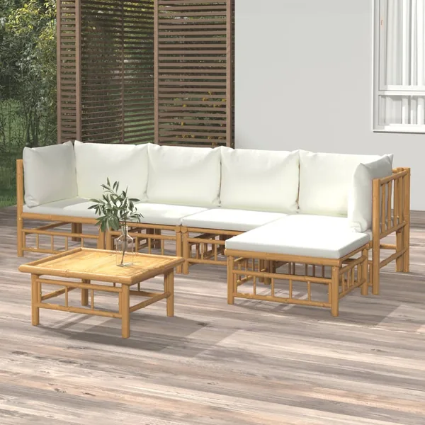 Garden Lounge Set 6 pcs with Cream White Cushions Bamboo
