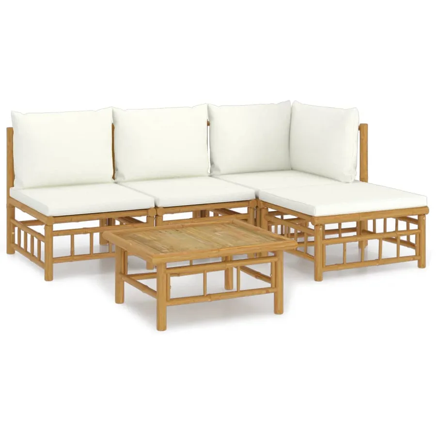 Salon de jardin 5 pcs avec coussins blanc crème bambou - 2