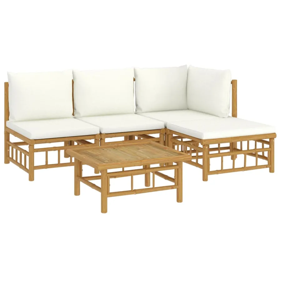 Salon de jardin 5 pcs avec coussins blanc crème bambou - 3