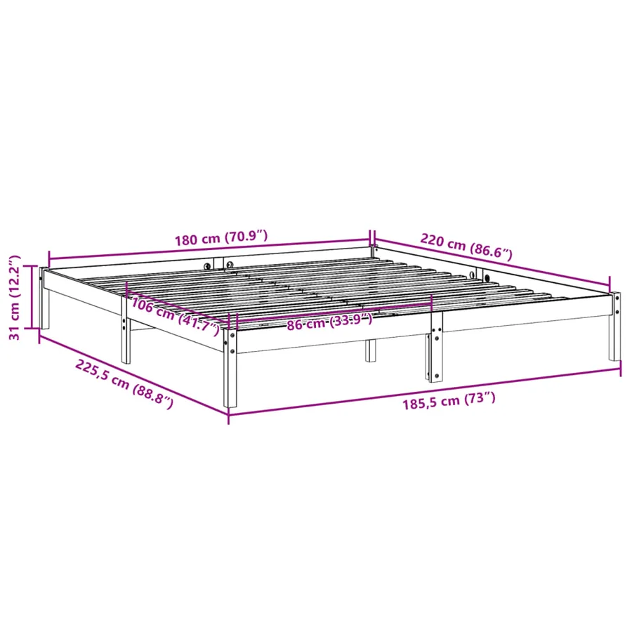 Cadre de lit extra long sans matelas 180x220 cm bois massif pin - 9