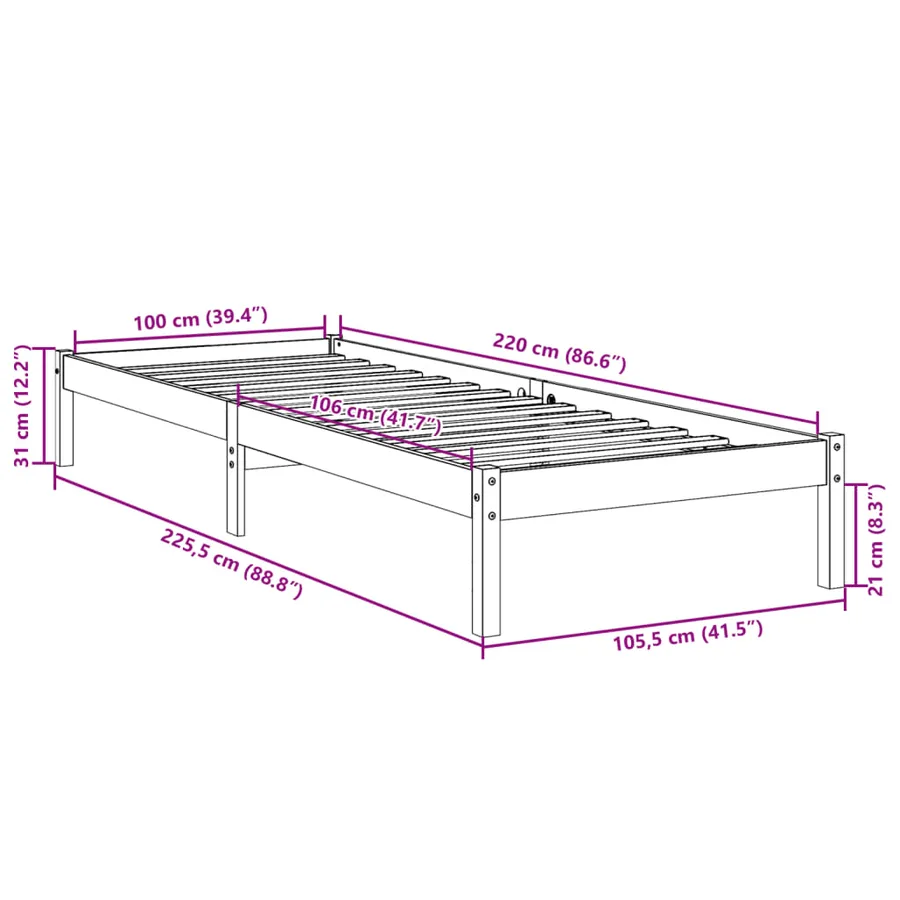Cadre de lit extra long sans matelas 100x220 cm bois massif pin - 9