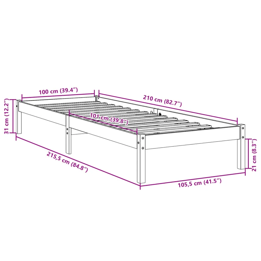 Cadre de lit extra long sans matelas 100x210 cm bois massif pin - 9